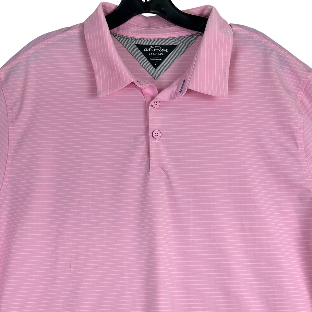 Adidas‎ AdiPure Striped Polo Shirt Mens L Pink Golf Sporty Casual 3903